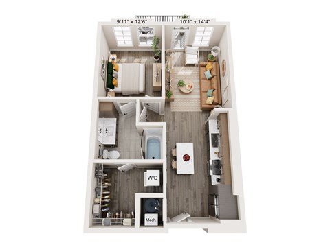 A floor plan of a small apartment with a kitchen, living room, and bathroom.